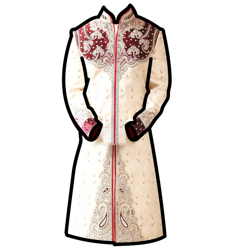 a cream and burgundy sherwani.